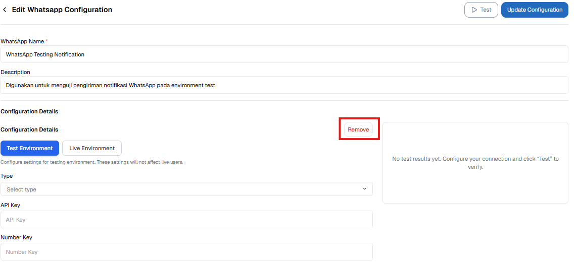 Tombol Remove Konfigurasi WhatsApp