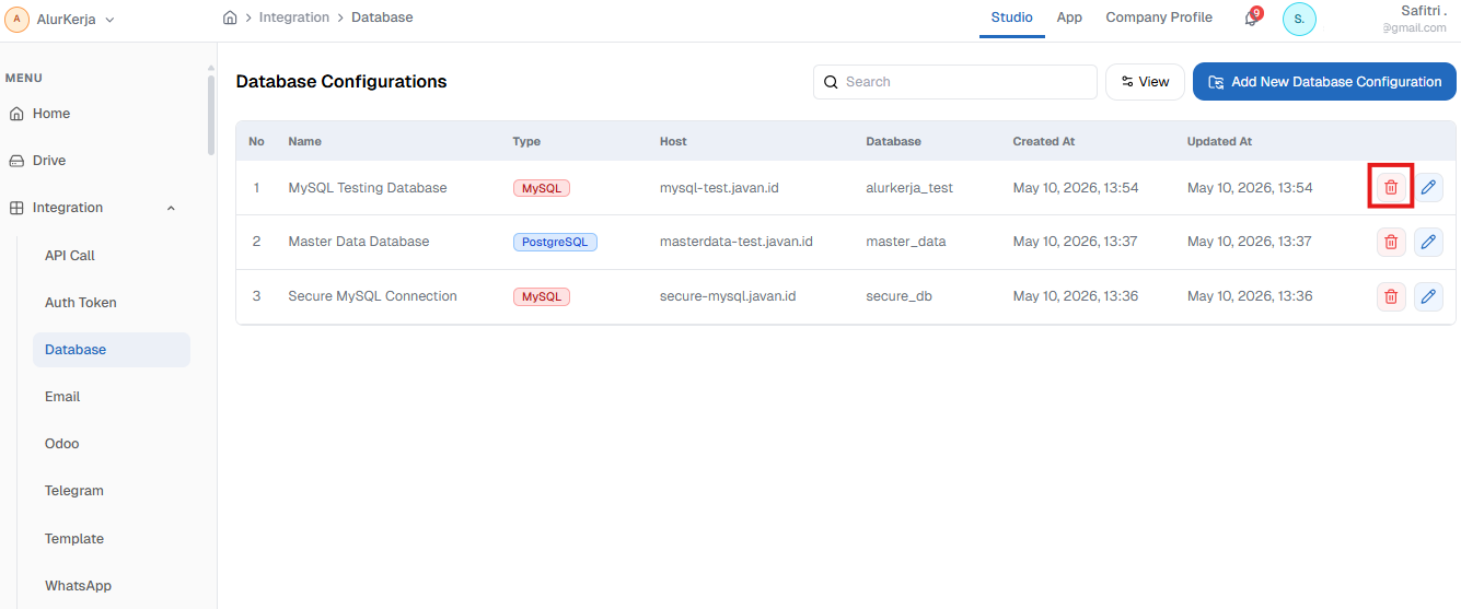Tombol Delete Konfigurasi Database