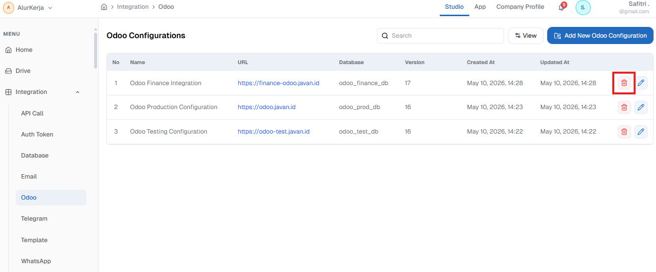 Tombol Delete Konfigurasi Odoo