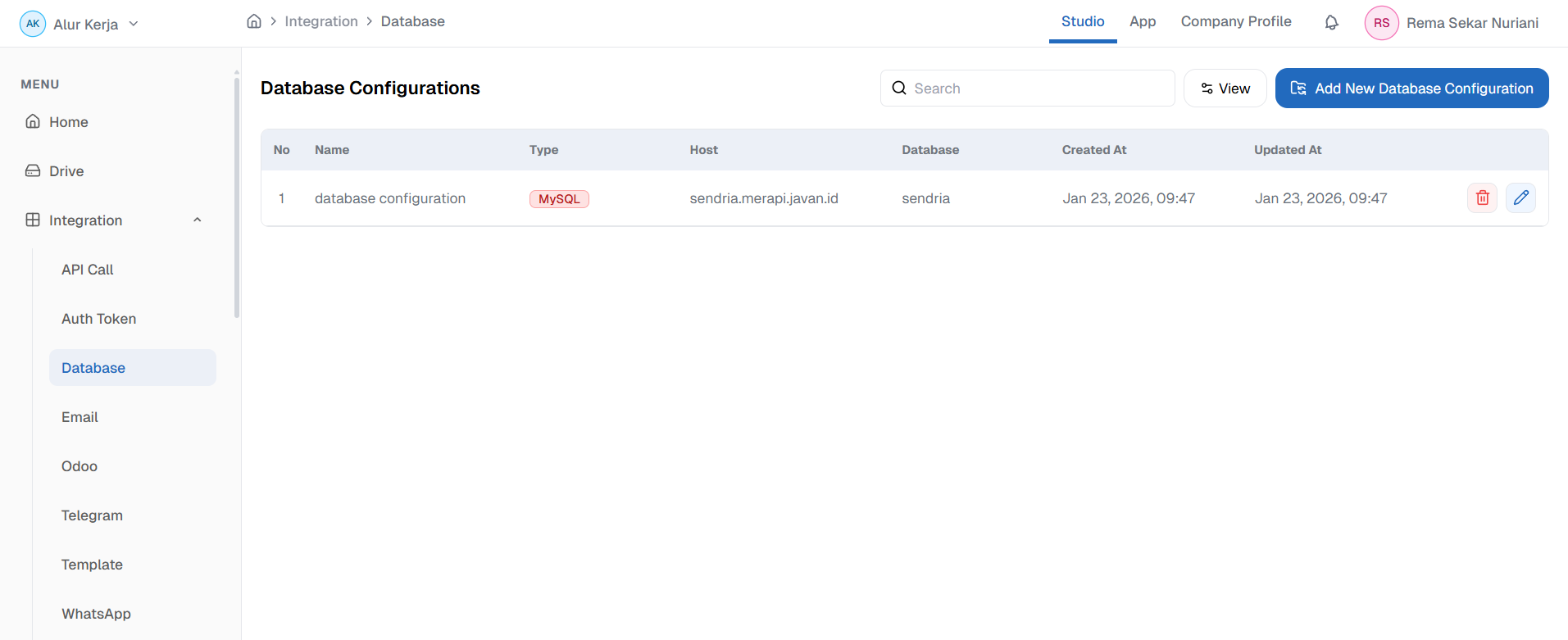Halaman Menu DB OnPremise,