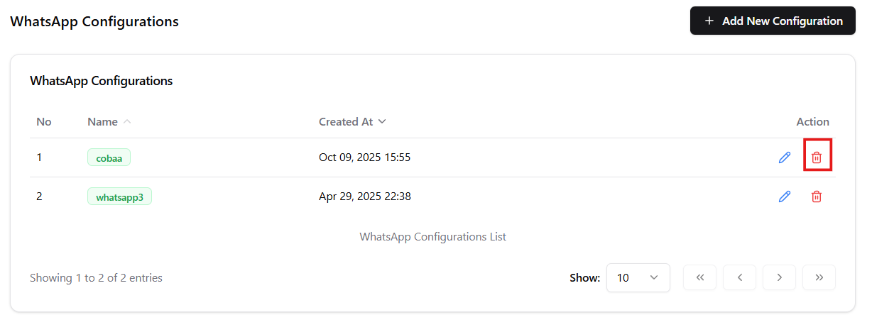 Remove Configuration WhatsApp,