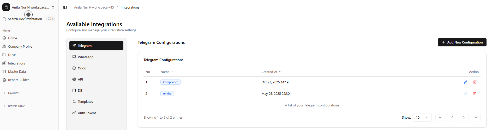 Halaman Menu Integrations