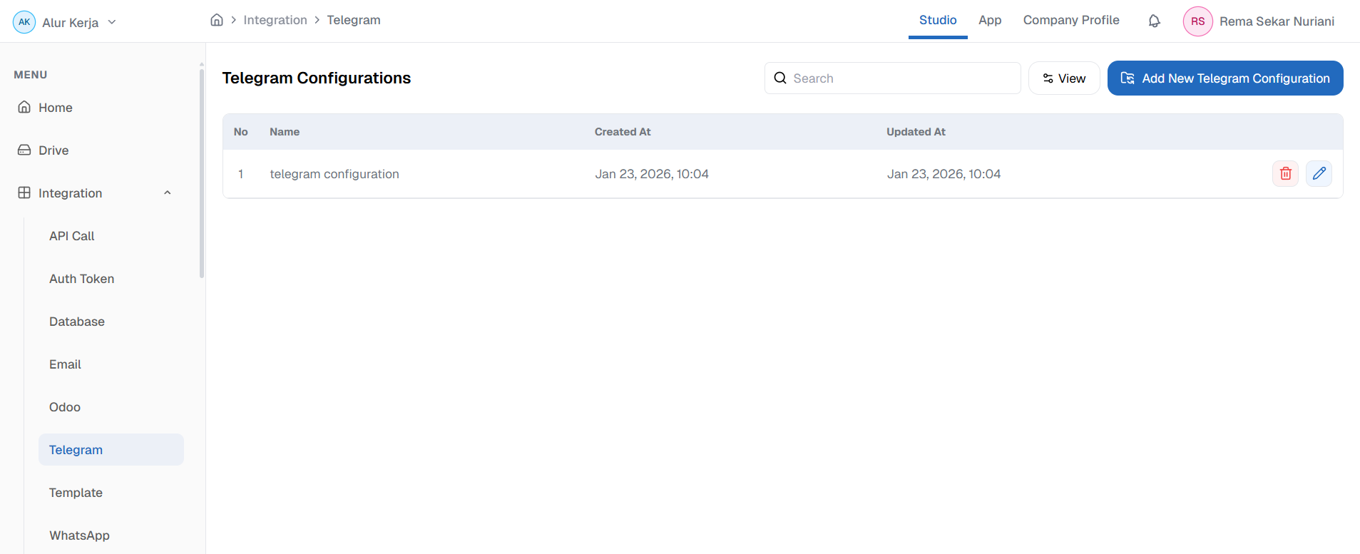 Halaman Menu Telegram OnPremise,