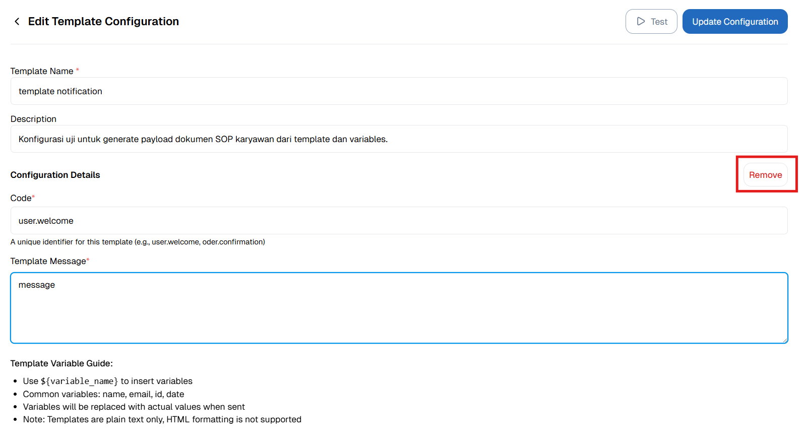 Remove Configuration Template OnPremise,