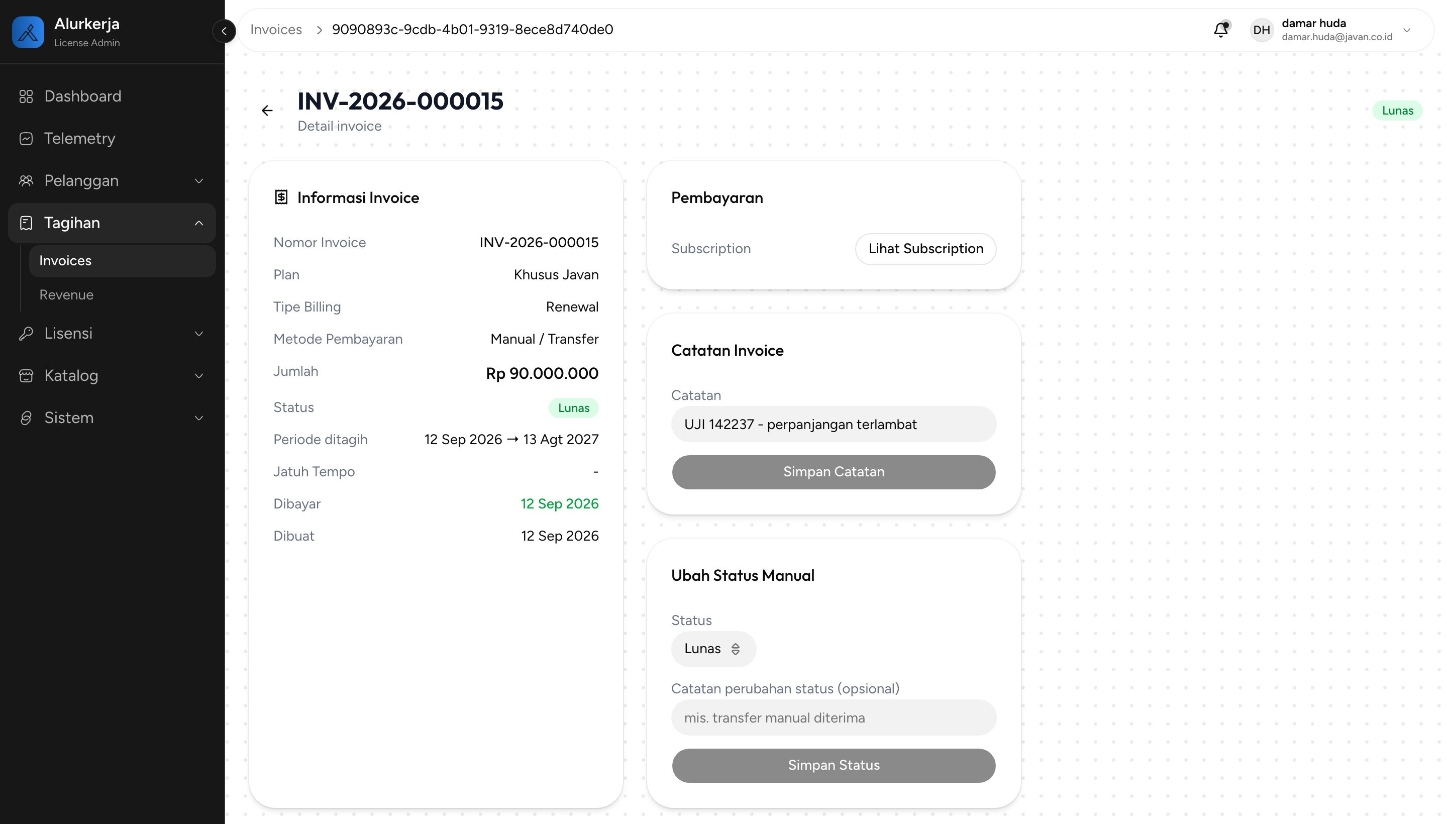Halaman detail invoice setelah sebuah baris panel diklik