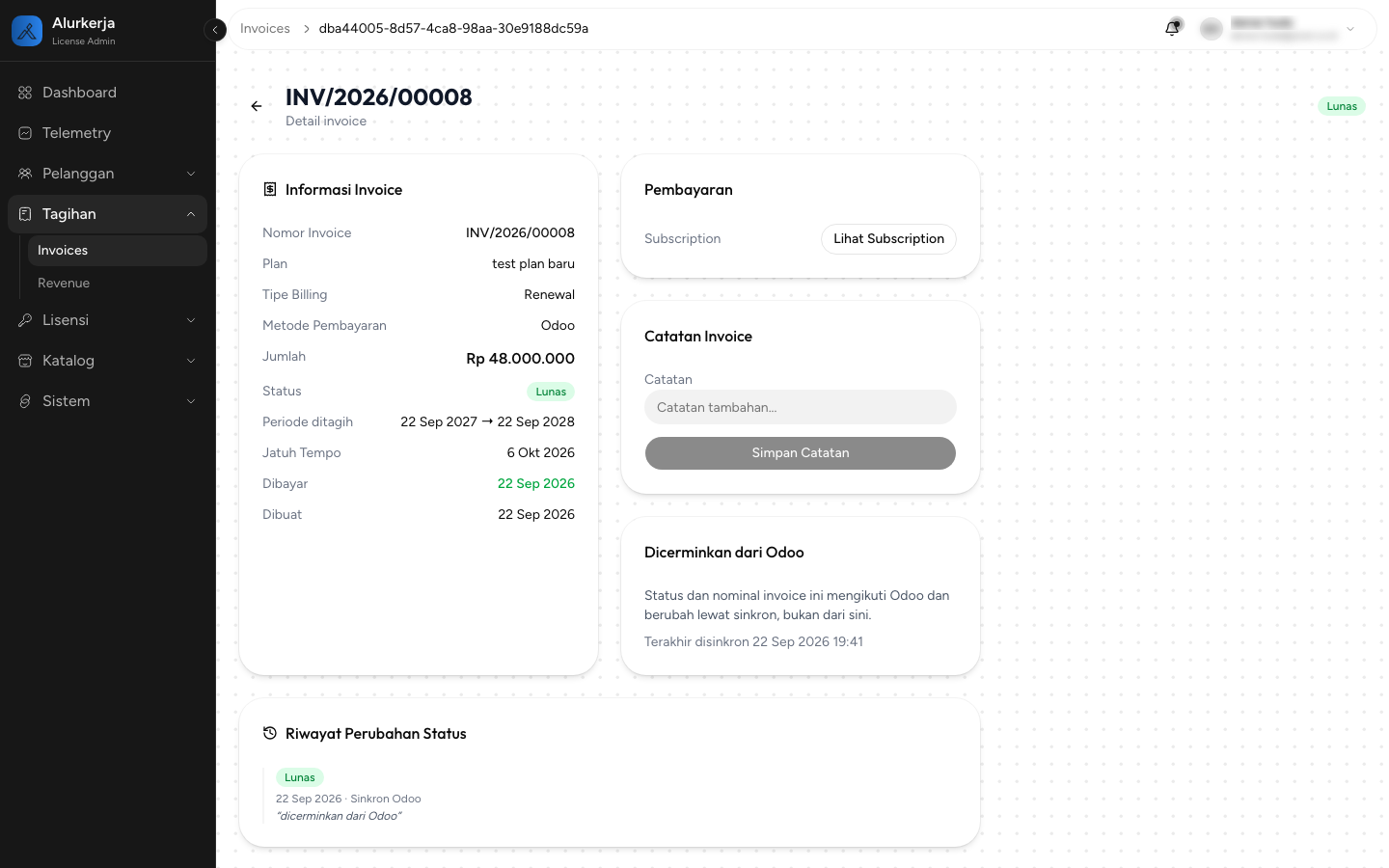 Detail invoice INV/2026/00008 dengan kartu Dicerminkan dari Odoo