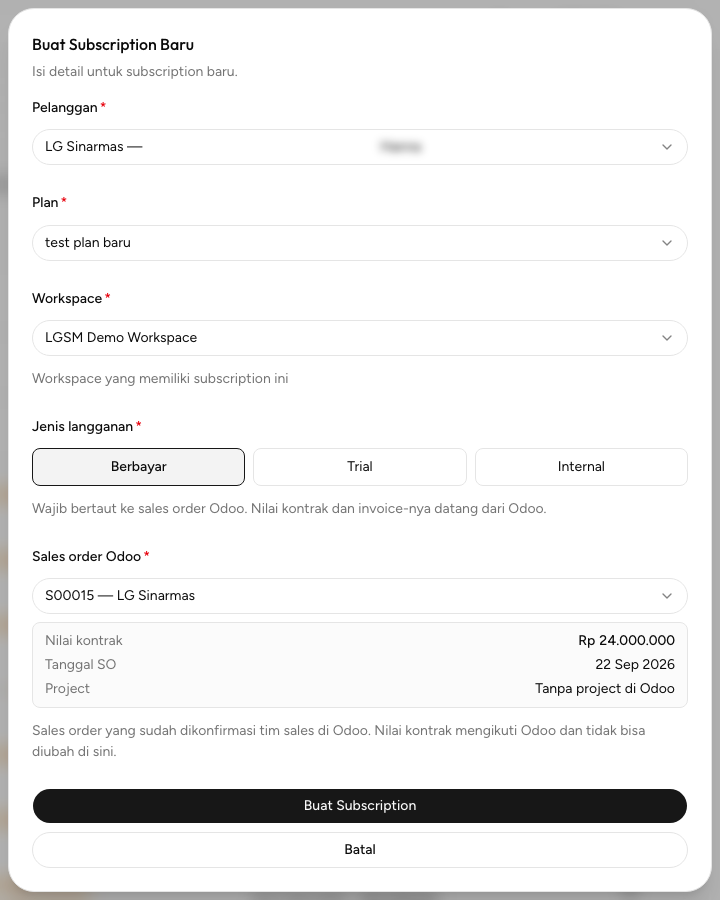 Form Buat Subscription Baru dengan jenis Berbayar dan sales order S00015 terpilih