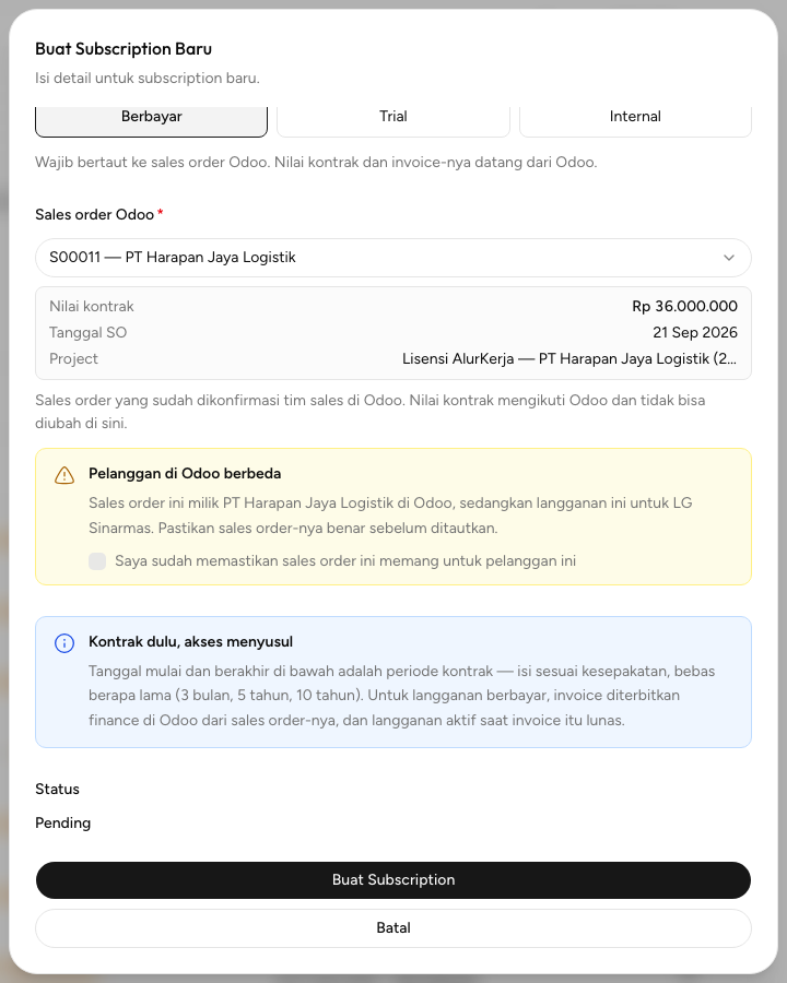 Peringatan Pelanggan di Odoo berbeda dengan kotak konfirmasi