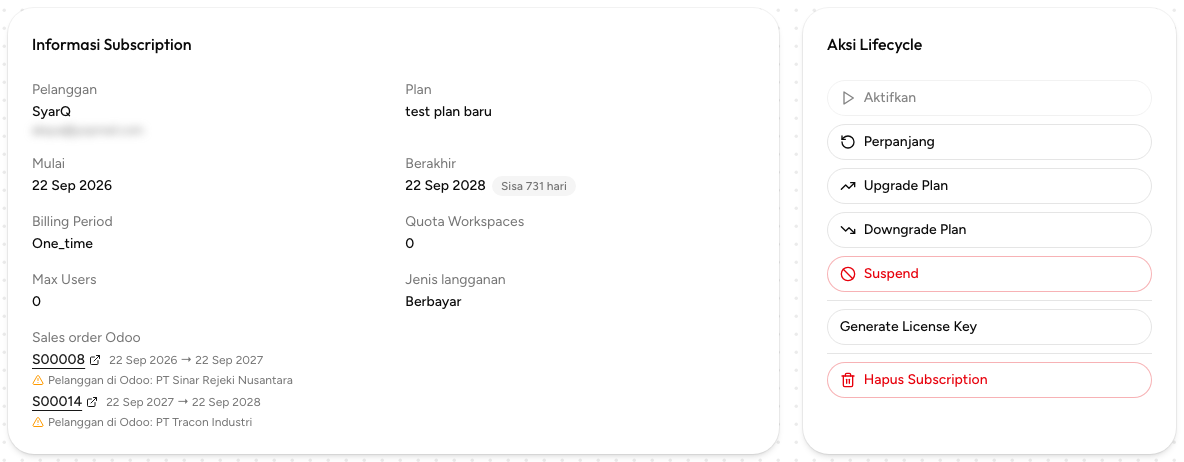 Detail langganan dengan dua sales order Odoo dan tanda pelanggan berbeda