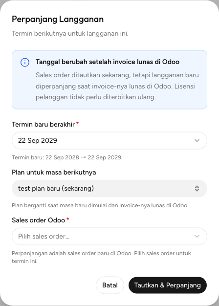 Dialog Perpanjang Langganan dengan pilihan plan untuk masa berikutnya dan sales order