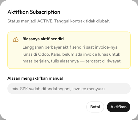 Dialog Aktifkan Subscription dengan kolom Alasan mengaktifkan manual
