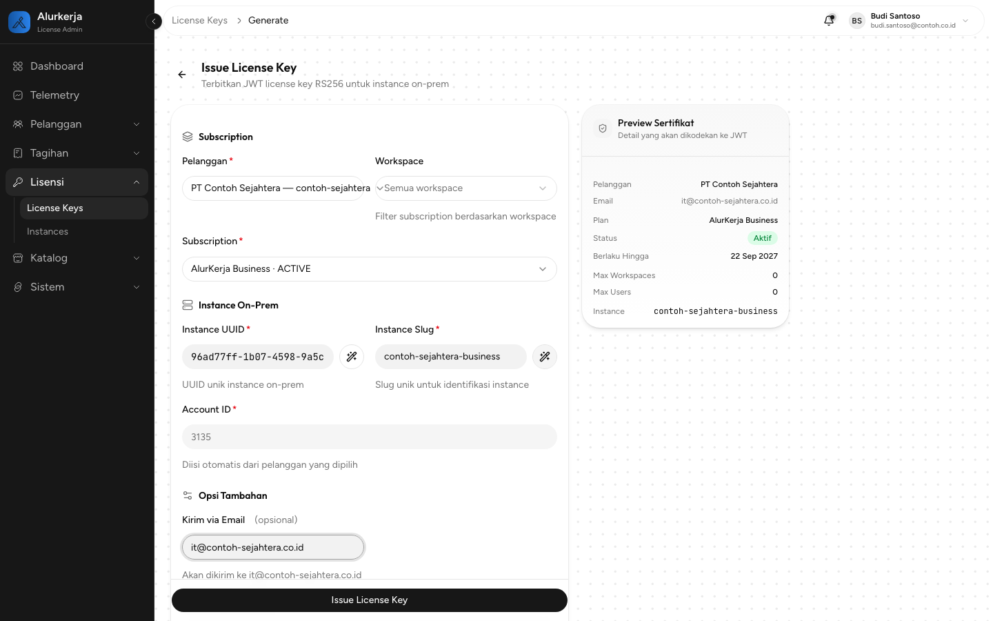Form Issue License Key yang sudah terisi