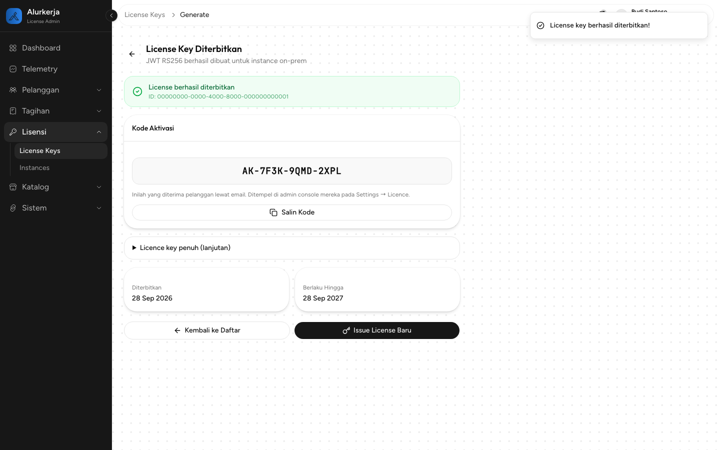 Halaman License Key Diterbitkan dengan Kode Aktivasi