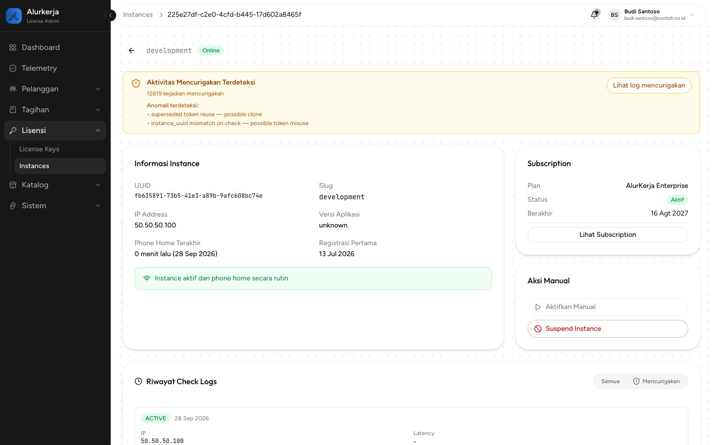Detail instance: UUID, phone home terakhir, dan banner aktivitas mencurigakan