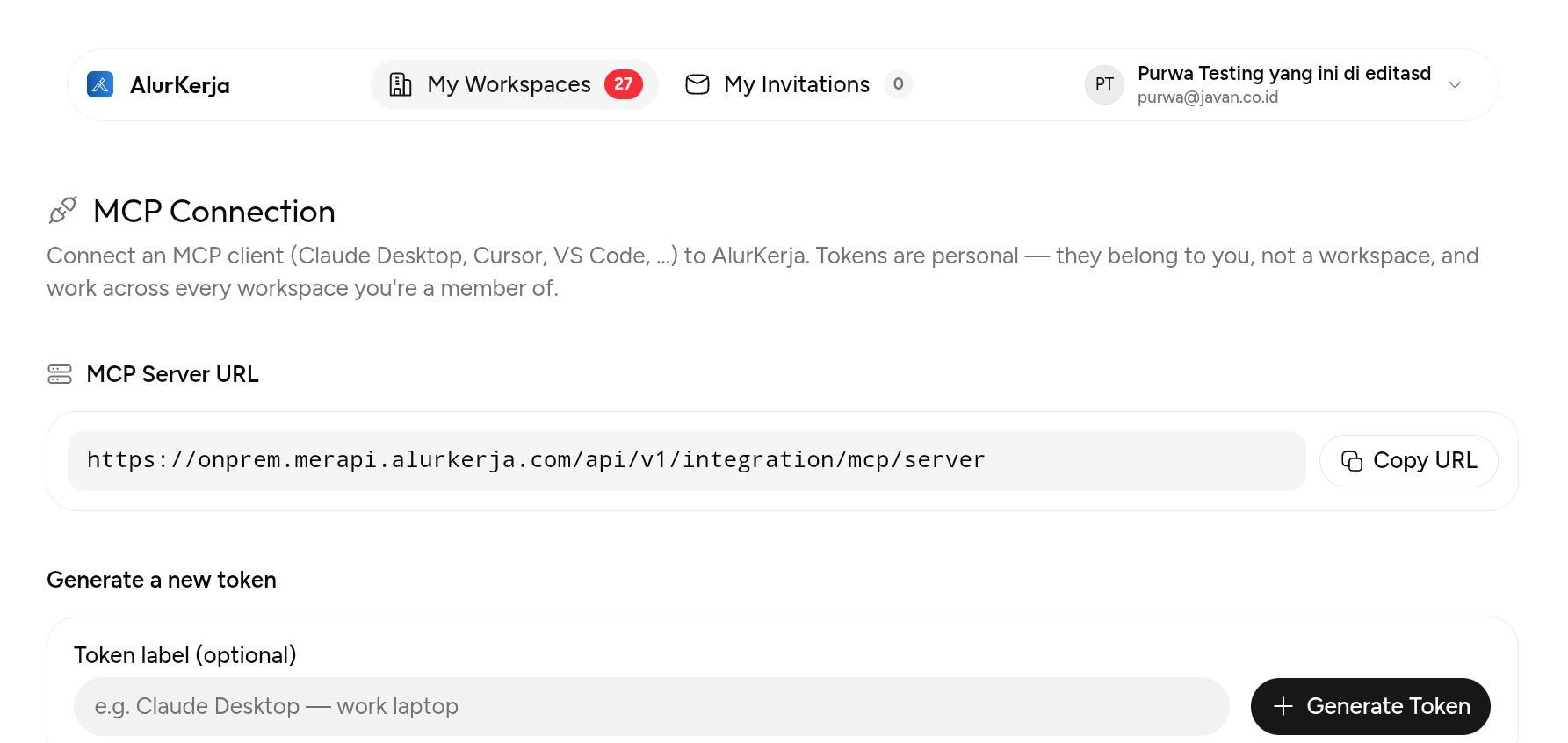 Halaman MCP Connection — MCP Server URL beserta tombol Copy URL dan form Generate a new token