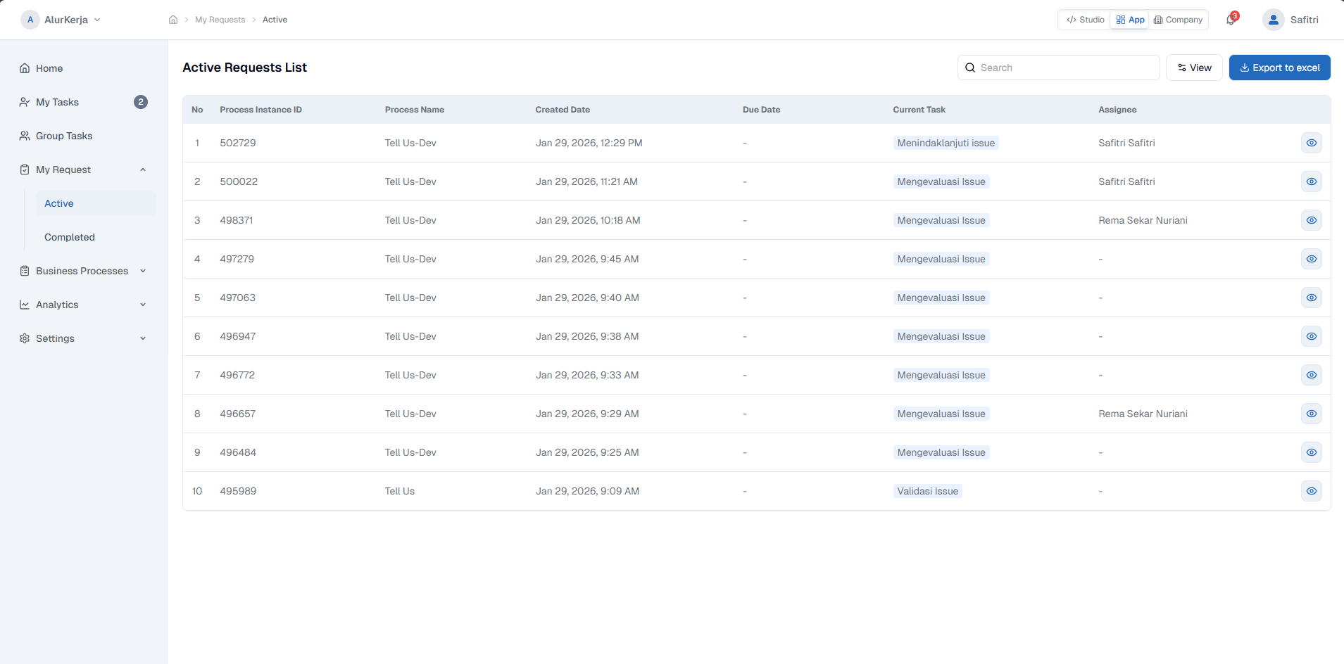 My Request Active List Page