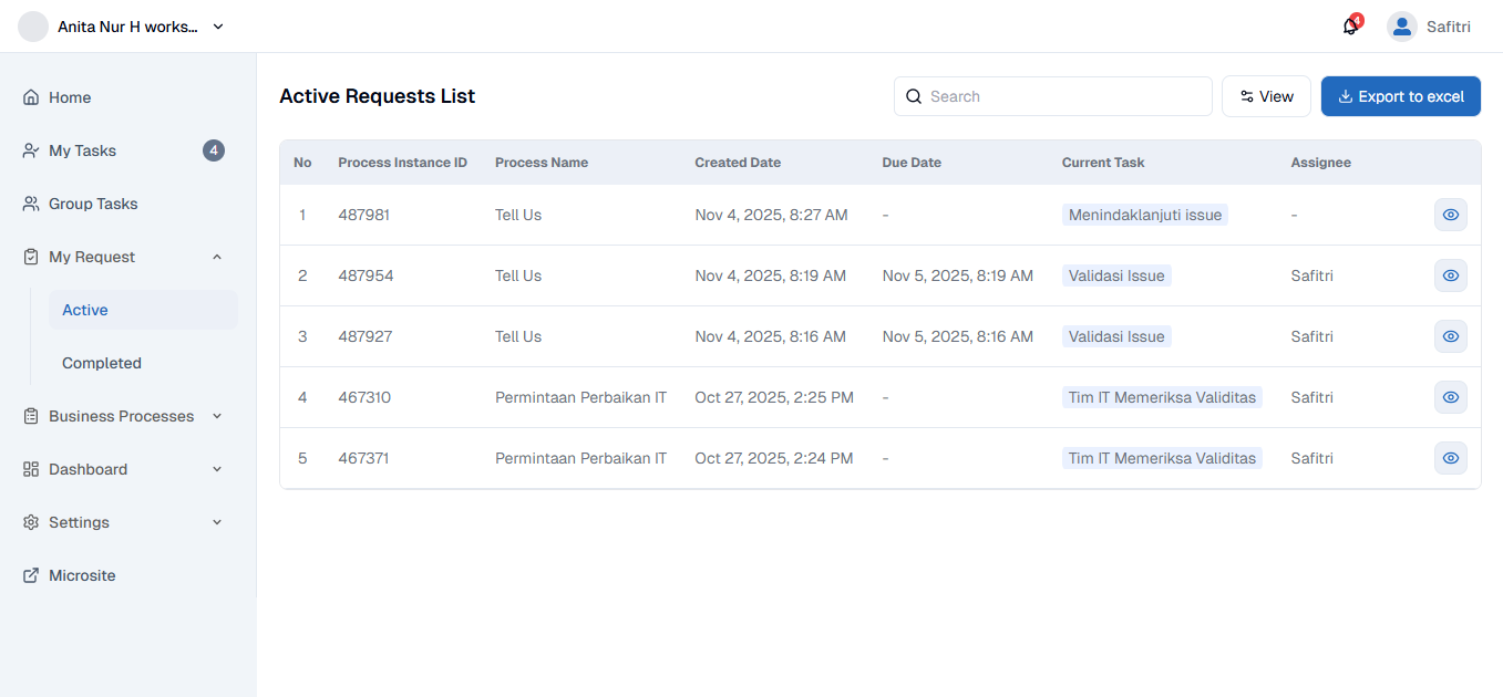 My Request Active List Page