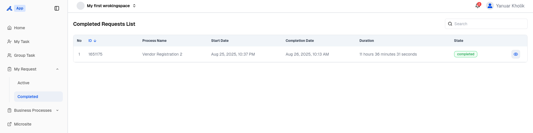 My Request Completed List Page