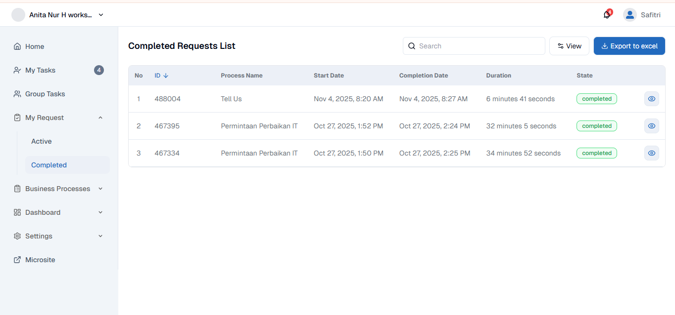 My Request Completed List Page