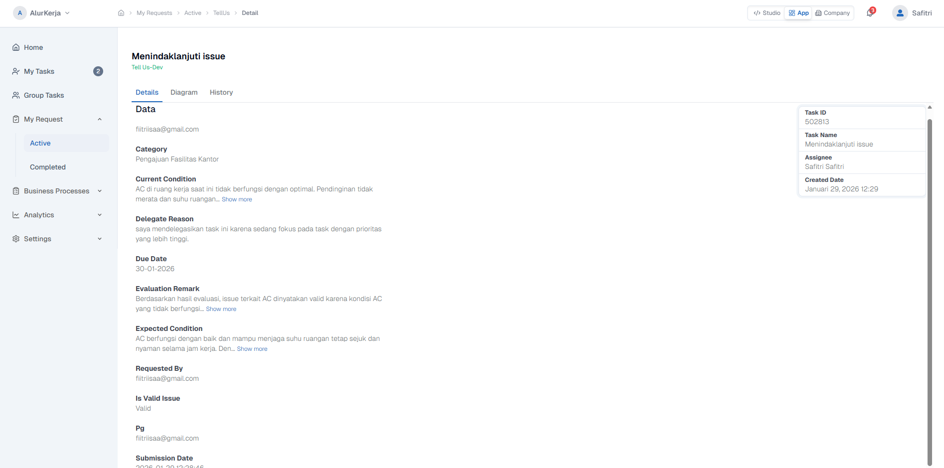 My Request Active Detail Page