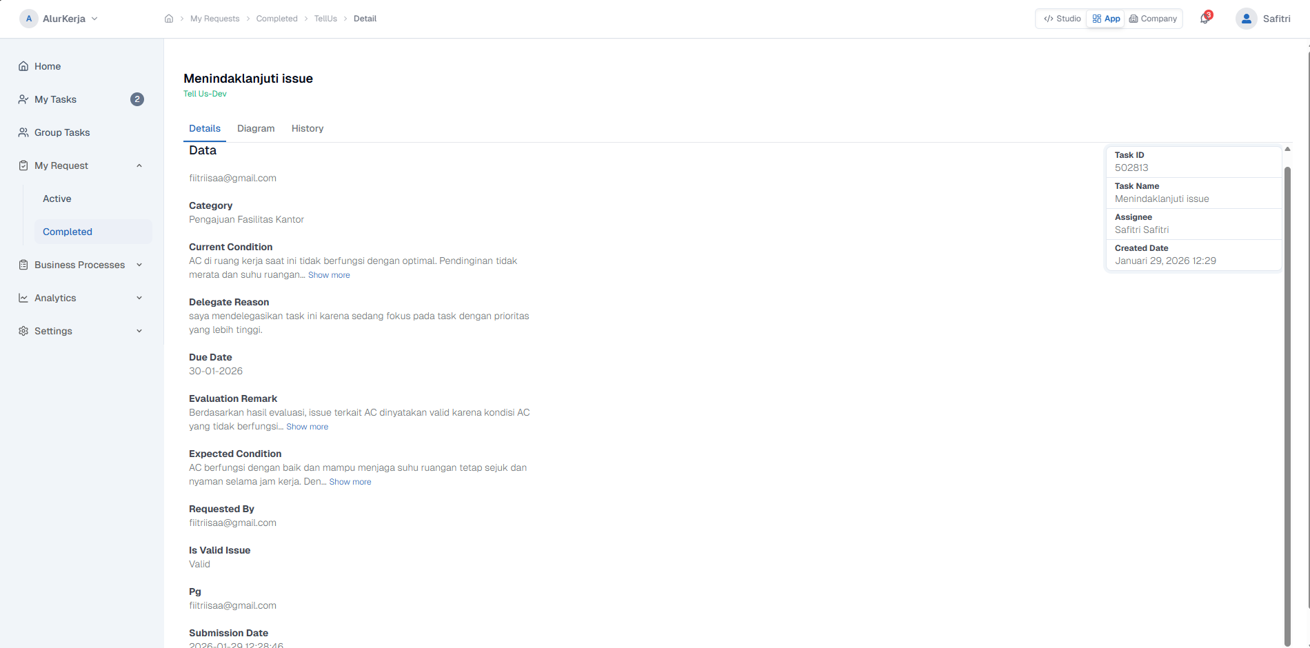 My Request Completed Detail Page