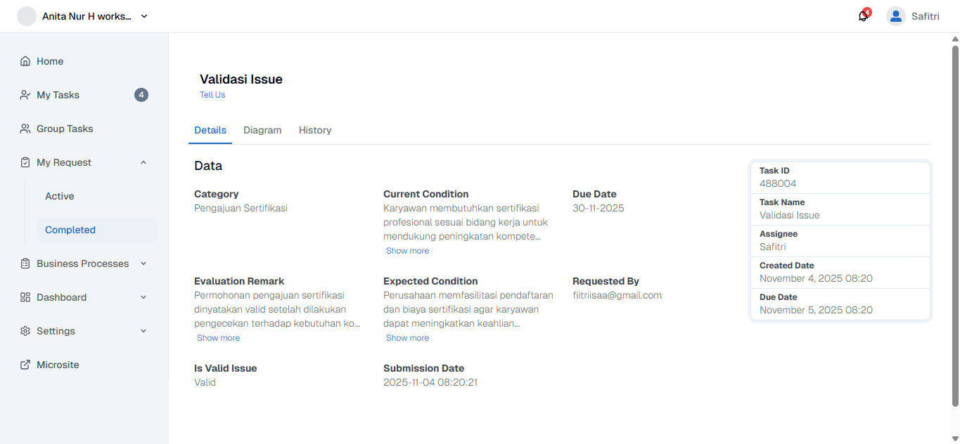 My Request Completed Detail Page