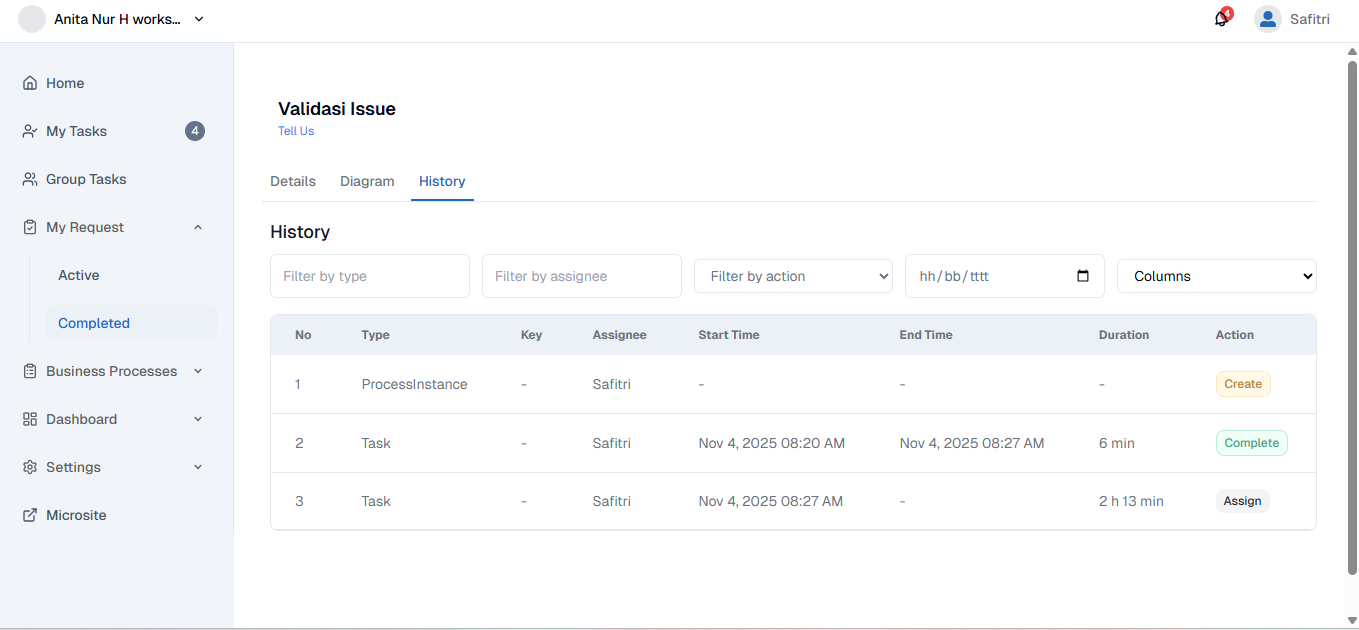 My Request Completed History Page