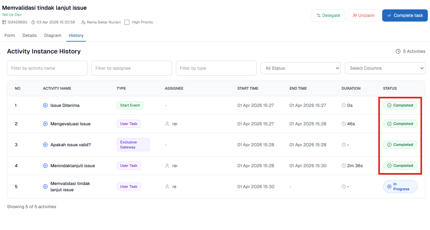 My Task History Status Completed