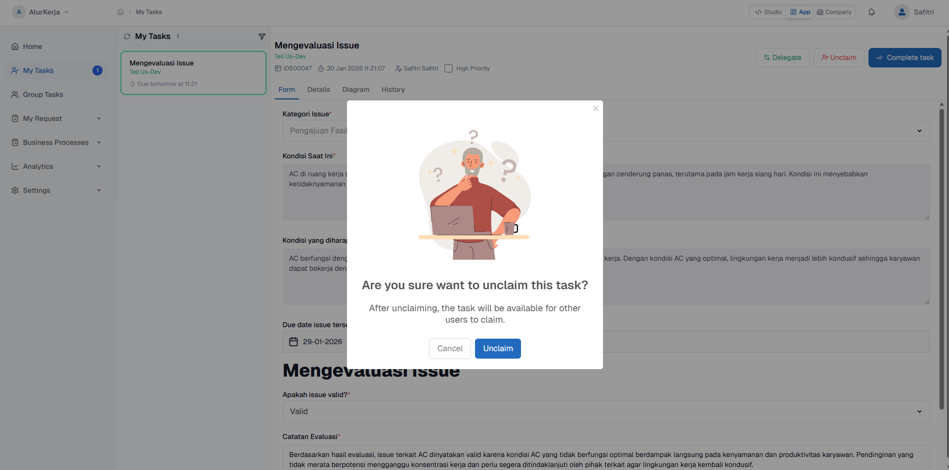 My Task Unclaim Confirmation