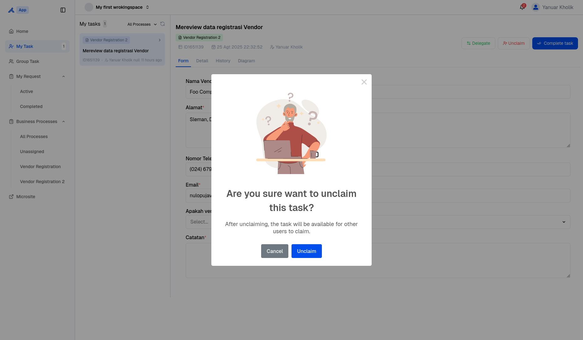 My Task Unclaim Confirmation