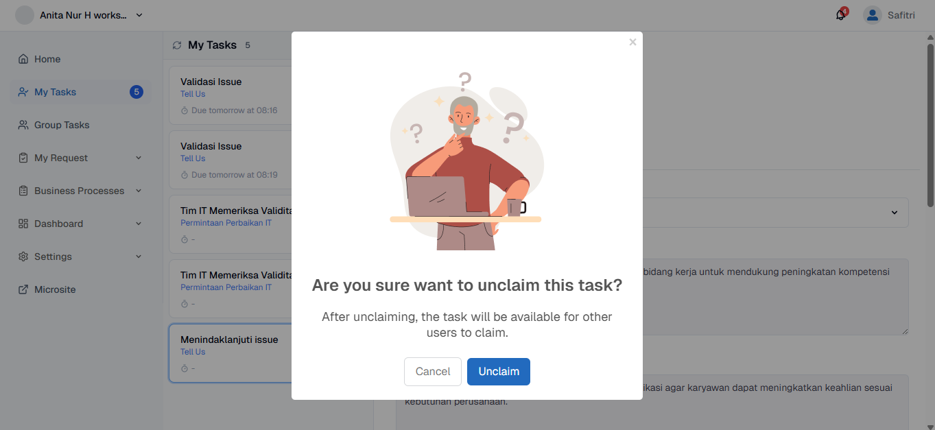My Task Unclaim Confirmation