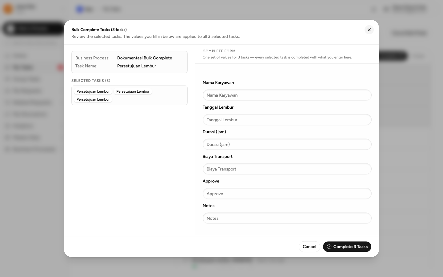 Dialog bulk complete pada proses yang belum dikonfigurasi: seluruh field form muncul