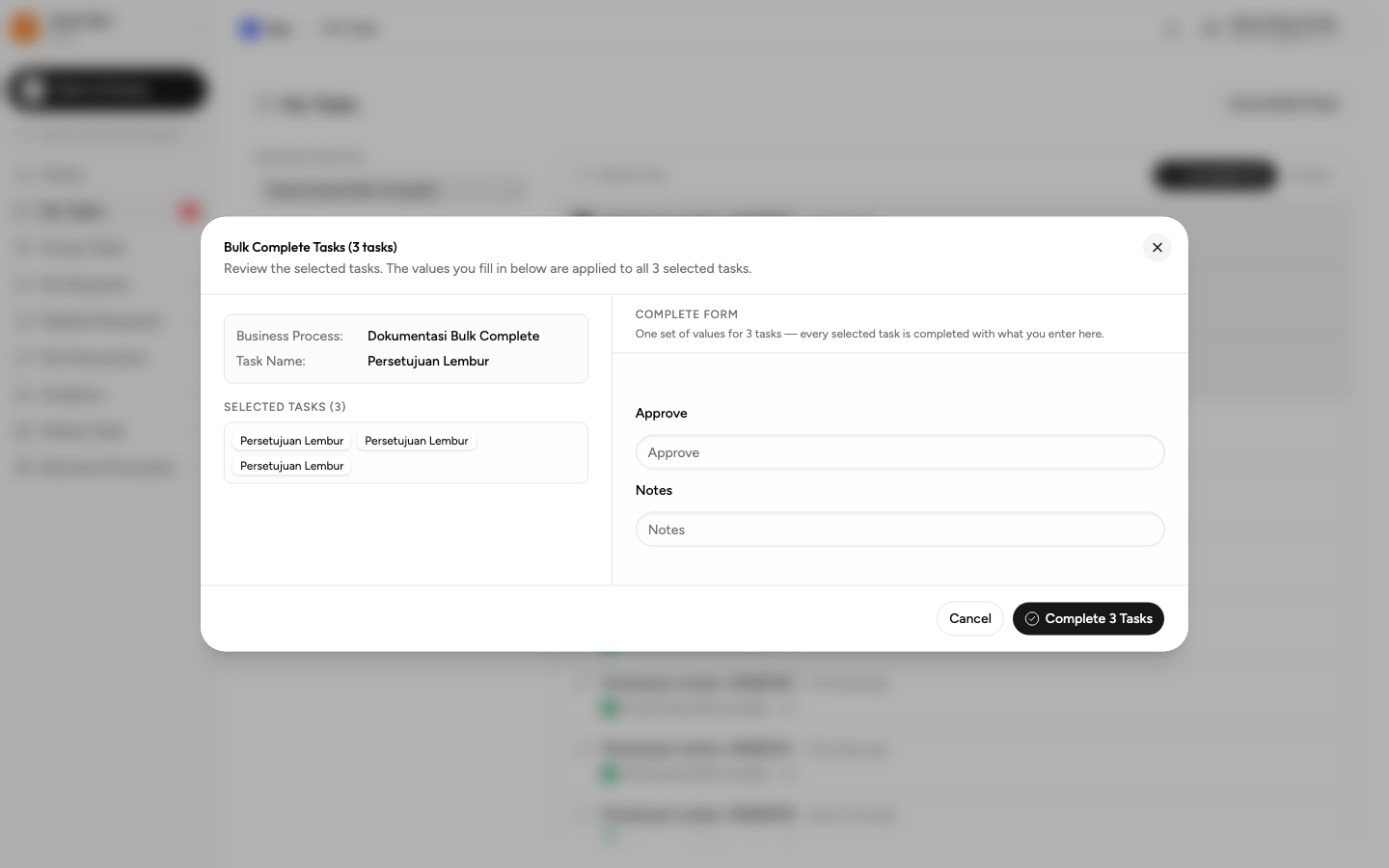 Dialog Bulk Complete Tasks untuk 3 task dengan dua field, Approve dan Notes