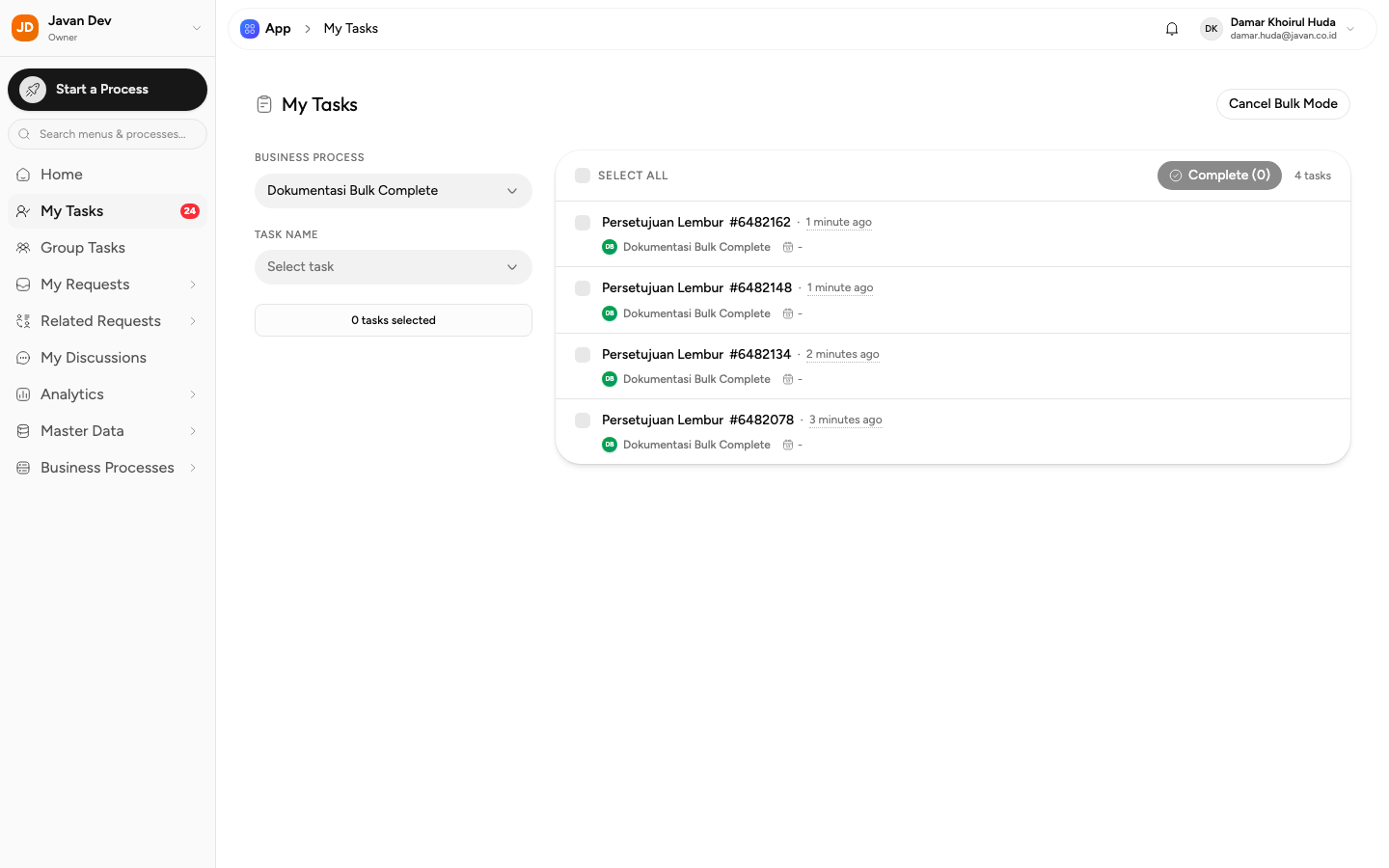 Mode bulk complete dengan filter Business Process dan Task Name