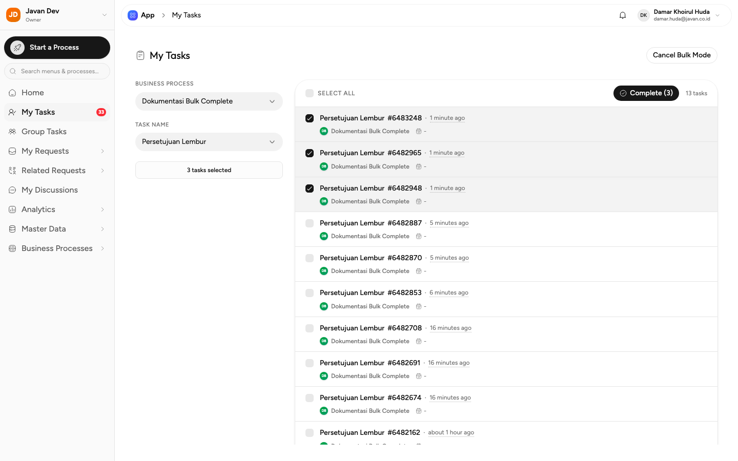 Tiga task tercentang, tombol Complete (3) aktif