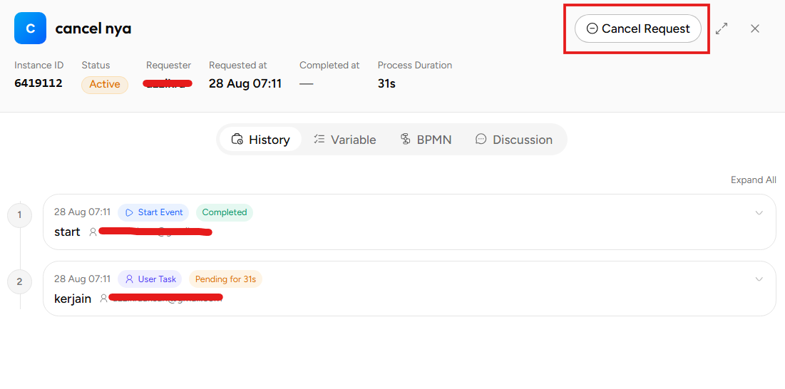 Tombol Cancel Request pada halaman detail request Active