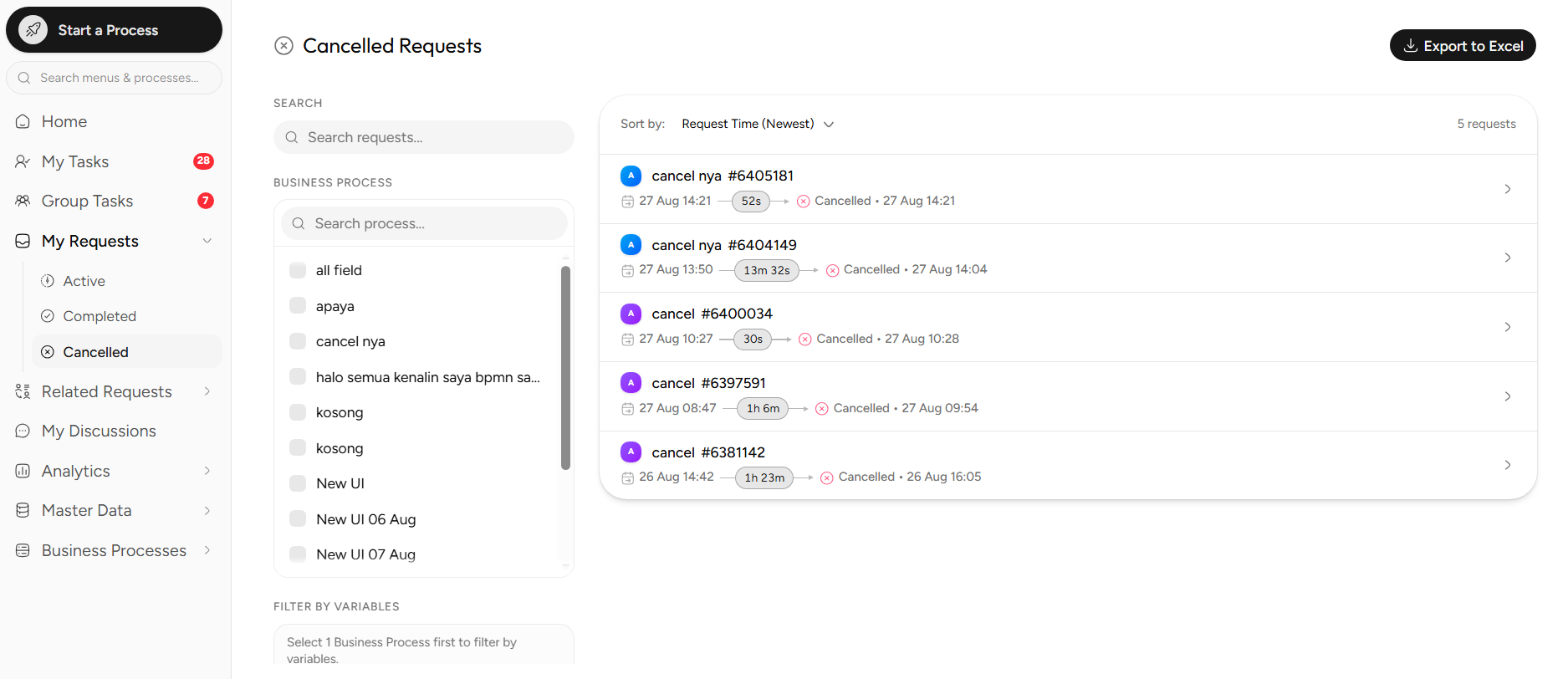 Daftar request dengan status Cancelled pada halaman My Requests, ditandai berbeda dari status Completed