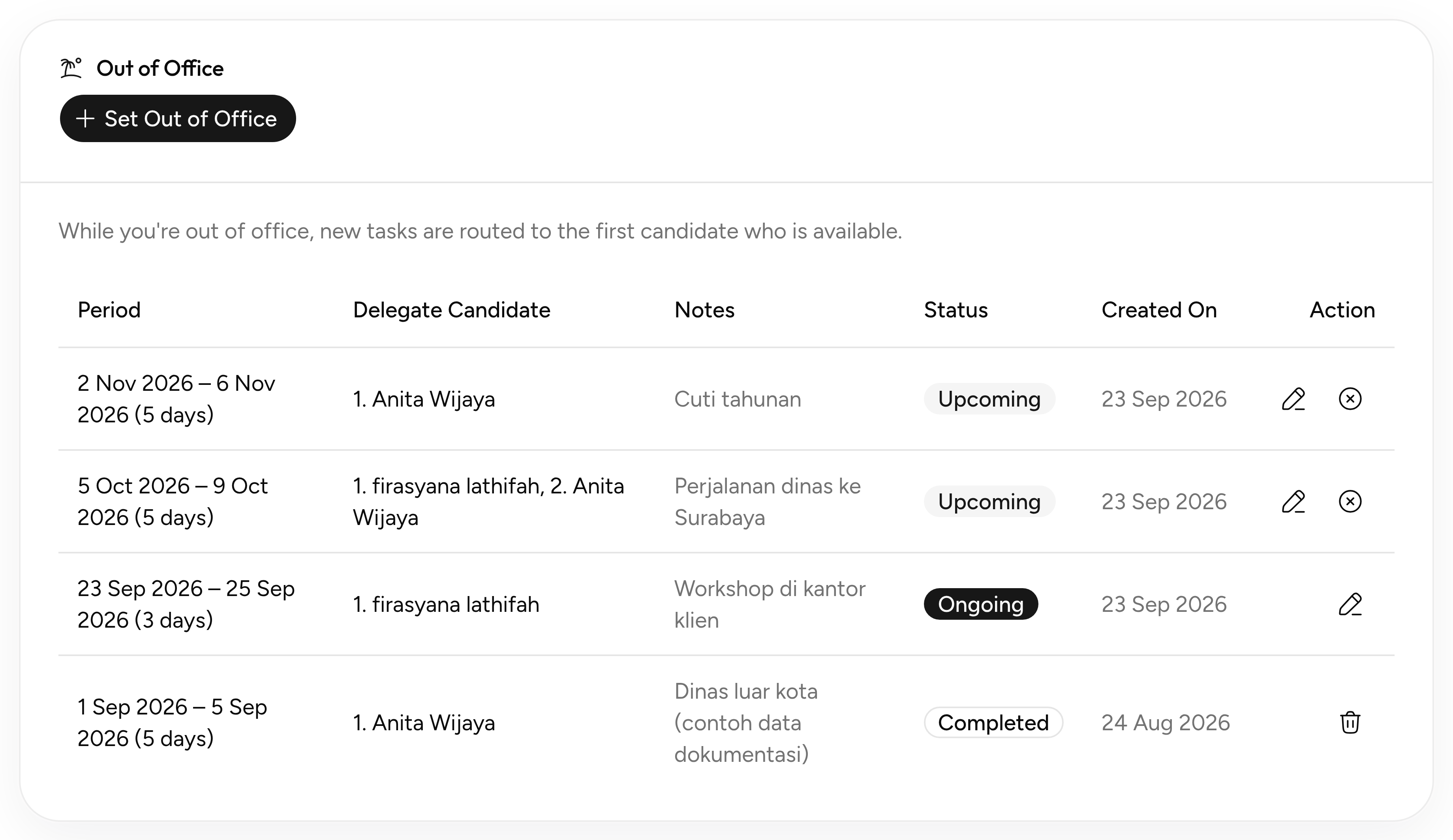 Tab Out of Office dengan riwayat periode