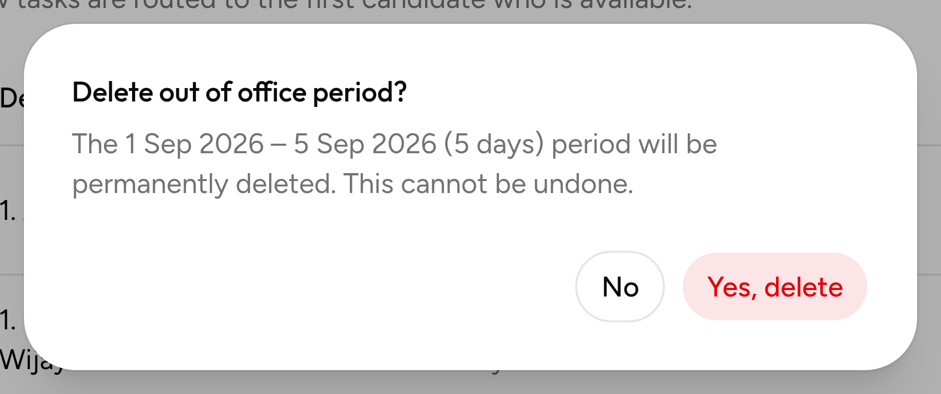 Konfirmasi Delete out of office period