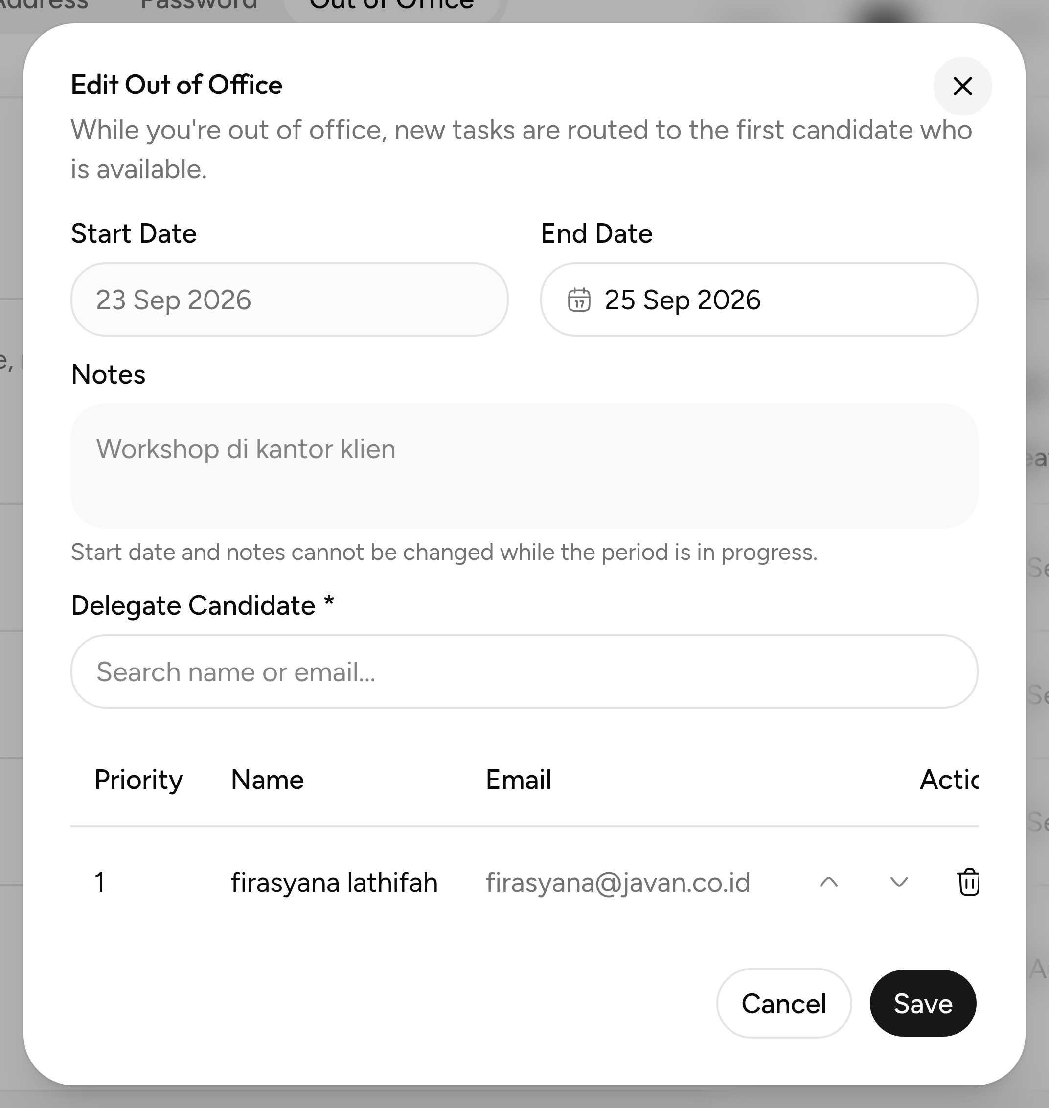 Dialog Edit Out of Office untuk periode yang sedang berjalan