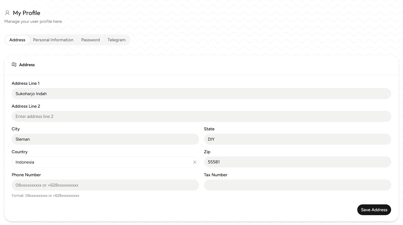 Tab Address My Profile