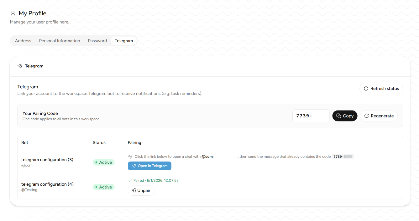 Tab Telegram My Profile