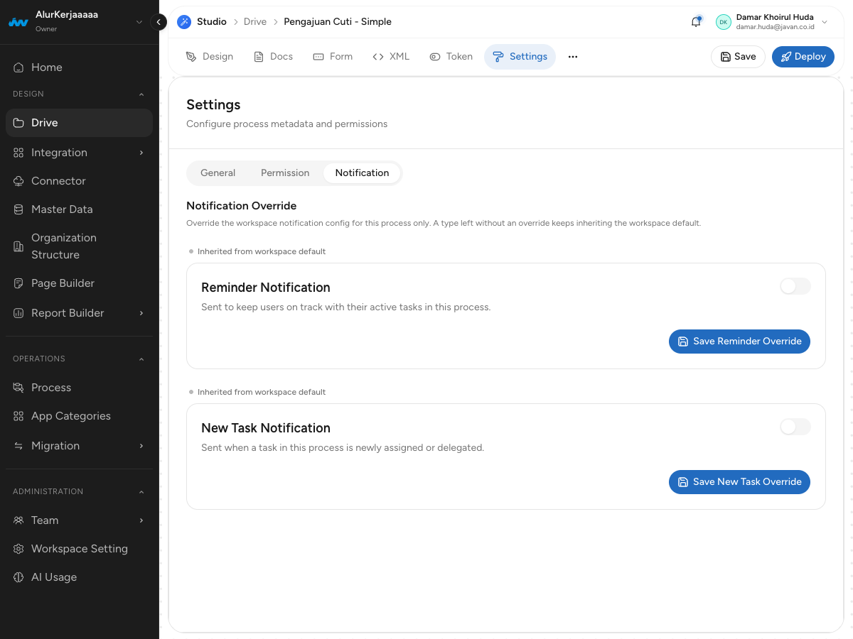 Kedua jenis notifikasi masih mengikuti default workspace
