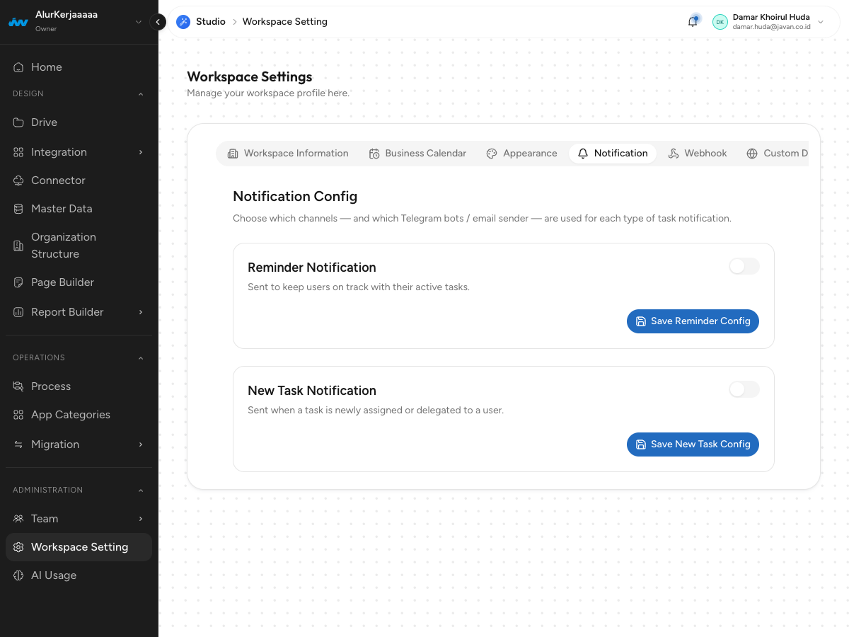 Notification Config pada Workspace Settings