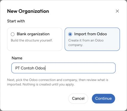 Modal New Organization dengan pilihan Import from Odoo dan kolom Name