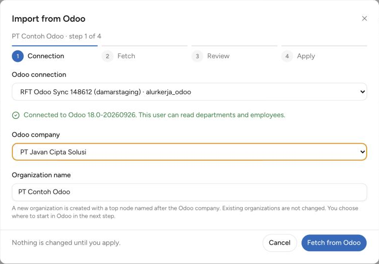 Langkah Connection pada Import from Odoo: Odoo connection, Odoo company, dan Organization name