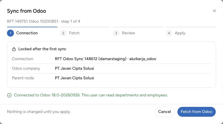 Langkah Connection pada Sync from Odoo dengan kotak Locked after the first sync
