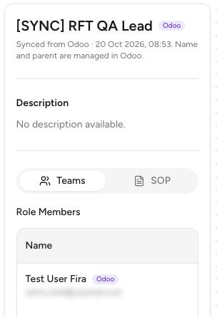 Panel Details kursi Odoo dengan keterangan Synced from Odoo dan anggota bertanda Odoo, tanpa kolom cari anggota