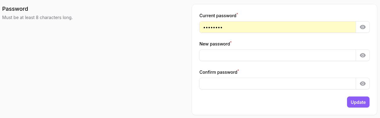 Profile Page Password Section