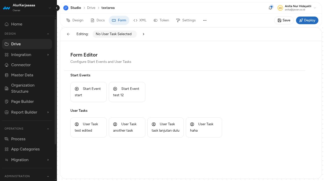 Form Editor menampilkan daftar Start Events dan User Tasks